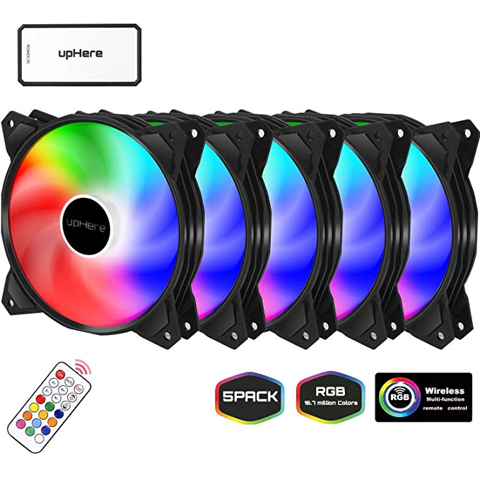 upHere 120mm Silent Intelligent Control Addressable RGB Fan Adjustable Colorful Fans with Controller and Remote,5-Pack,PF1206-5