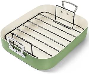 MICHELANGELO Nonstick Ceramic Roasting Pan with Rack, Turkey Roasting Pan with Ceramic Coating, Turkey Roaster Pan with Stainless Steel Rack, 15 Inch x 13 Inch - Green