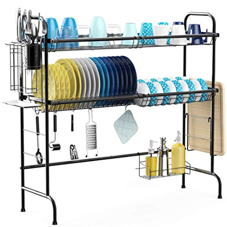 Over the Sink Dish Drying Rack, iSPECLE 2-Tier Premium 201 Stainless Steel Large Dish Rack with Utensil Holder Hooks Stable Bend Foot for Kitchen Countertop Space Saver Non-Slip Black