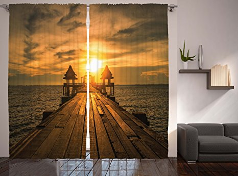 Ambesonne Scenery Decor Collection, Wooden Dock Bangkok Bay Morning Lights Sunshine and Ocean Print, Window Treatments, Living Kids Girls Room Curtain 2 Panels Set, 108 X 84 Inches, Blue Brown Gold