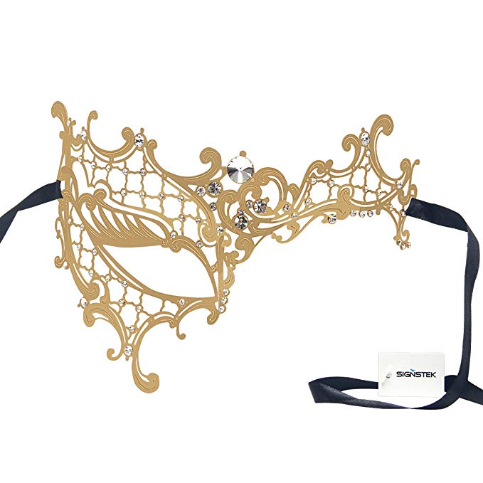 Signstek Half Eye Glossy Metal Filigree Mask for Venetian Masquerade Halloween Party Rose Golden /White Rhinestone