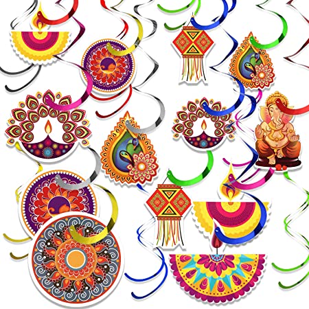 48 Pieces Diwali Decorations Swirls Happy Diwali Hanging Decor Diwali Lights Party Decorations Kit Diwali Deepavali Hanging Swirls Decorations for Lights Party