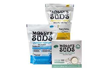 Molly's Suds Starter Pack - 70 load All Natural Laundry Powder, 1 Package of Wool Dryer Balls and 1 Oxygen Whitener.