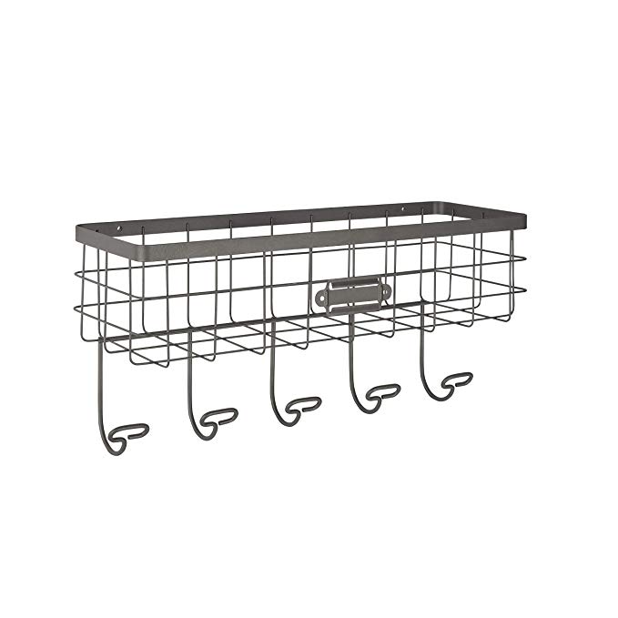 Spectrum Diversified Vintage Wire Basket & Hook Station Wall Mount Storage, Small, Industrial Gray