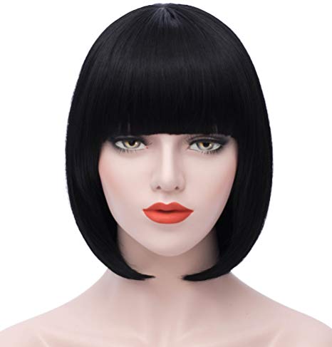 Mersi Short Black Bob Hair Wigs with Bangs 12 Inch Straight Cosplay Costume Wigs Heat Resistant Synthetic Fun Wig for Women S029BK