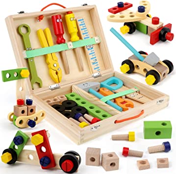 Tool Kit for Kids, 35 Pcs Wooden Toddler Tools Set Includes Tool Box, Colorful Tools Pretend Play Toys Educational STEM Construction Toys for 3 4 5 6 Year Old Boys Girls, Best Birthday Gift for Kids