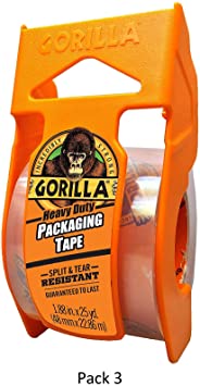 Gorilla Heavy Duty Packing Tape with Dispenser for Moving, Shipping and Storage, 1.88" x 25 yd, Clear, 3 Pack
