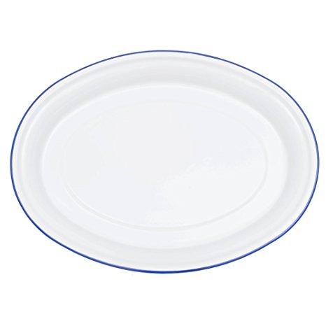 Enamelware Oval Serving Platter - Solid White with Blue Rim