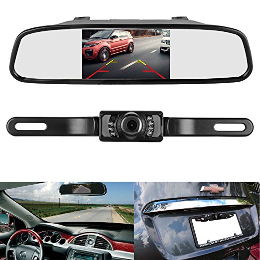 iStrong Backup Camera and Mirror Monitor Kit Reverse Camera Waterproof Universal 7 LED Night Vision only need Single Power Rear view or Fulltime View Optional for Car Vehicle Van Caravan