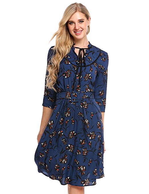 Beyove Women's Floral 3/4 Sleeve Lace Up Fit and Flare Print Dress