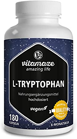 L-Tryptophan 500 mg per Capsule, 180 Capsules Vegan for 6 Months, Pure Essential Amino Acid Naturally Fermented, Without Magnesium Stearate