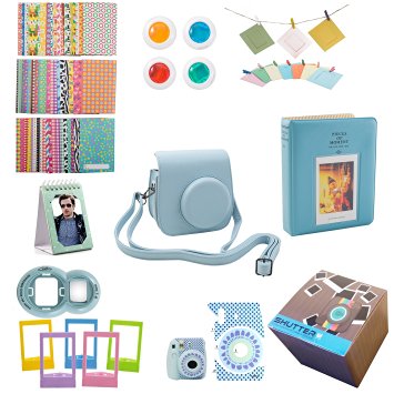 9 Piece Gift set Box Fujifilm Instax Mini 8 Accessories Bundle Mini 8 Camera BLUE Accessories Kit Includes, Mini 8 Case/2 Albums, Selfie Lens, 4 Colored Filters, 10 Wall Hang Frames,60 Stickers & More