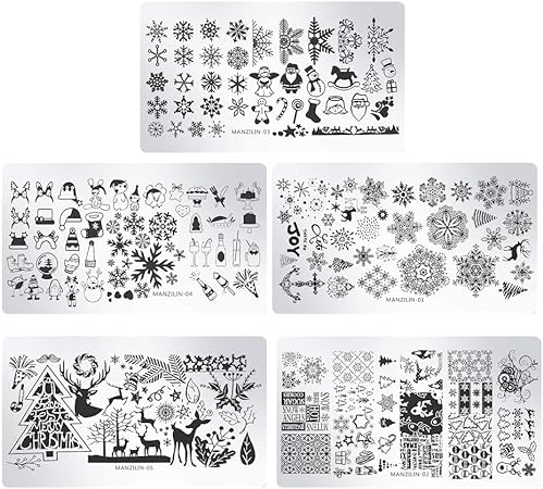 5pcs Christmas Nail Templates Snowflake Deer Nail Stamping Plates Stainless Steel Manicure Template