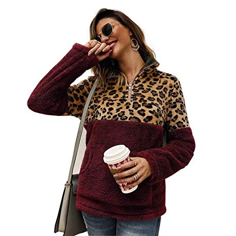 ICCUN Women Leopard Patchwork Long Sleeve Front Zipper Pullover Plush Sweatshirt Pullovers