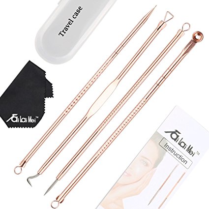 TailaiMei Blackhead Remover Kit, Comedone Extractor Tool Set for Facial Zit Popping, Anti-microbial Double-side 4 Pieces, Treatment for Blemishes, Whiteheads, Pimples with Cleaning Cloth (Rose Gold)