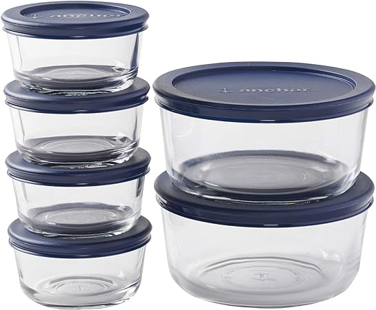 Anchor Hocking Round Food Storage Containers with Blue SnugFit Lids, (12-Piece, Mixed Sizes, BPA and Lead Free, Glass Tempered Tough for Oven, Microwave, Fridge, and Freezer)