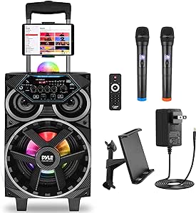 Pyle Portable Bluetooth PA Speaker - 580W 8” Rechargeable Outdoor BT Karaoke Audio System - TWS, Disco Party Lights, LED Display, FM/AUX/MP3/USB/SD, 6.5mm in, Trolley, Wheels - Wireless Mic, Remote