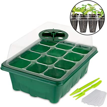 Seed Starter Tray (10 Pack) 12 Cell Seedling Plant Germination and Tool Kit for Garden Plant Seeds -Seed Starting Tray with Garden Dome Lid, Base Tray, Planting Hand Tools, Dibber, Widger & Plant Tags