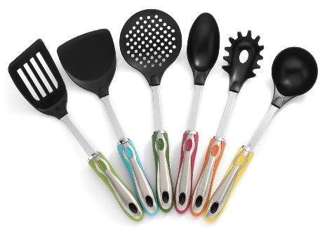 Kitchen Utensil Set with Holder  7 Pc Cute Kitchen Utensils Come with Colorful Handles Stainless Steel Core and Large Food Grade Nylon Heads By RSG