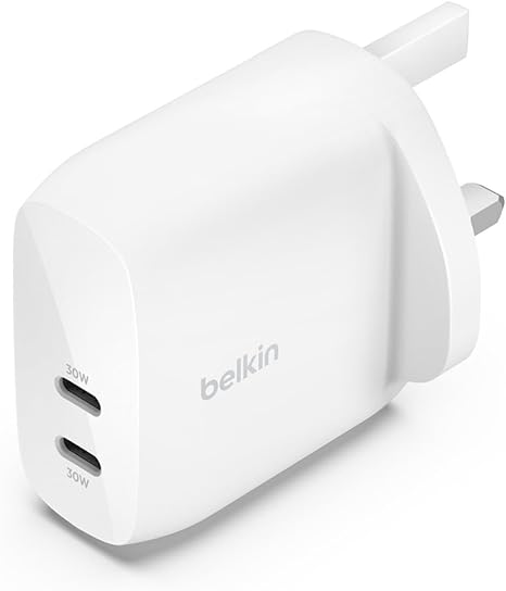 Belkin BoostCharge dual USB-C plug with PPS, 60W phone charger for iPhone 15 and other, iPad, Samsung Galaxy, Google Pixel, MacBook - compatible w/ USB-C to lightning cable & USB-C to USB-C - white