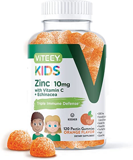 [120 Count] Zinc 10MG Gummies with Vitamin C & Echinacea Formulated for Kids [3 in 1 Healthy Immune Support] Herbal Dietary Supplement, Gelatin Free, Vegan Pectin Based, Orange Flavor Chewable Gummy