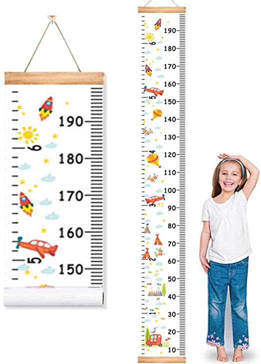 MIBOTE Baby Growth Height Chart, Canvas and Wood Handing Removable Wall Ruler for Kids, Wall Decor (79" x 7.9", Cartoon Patterns)