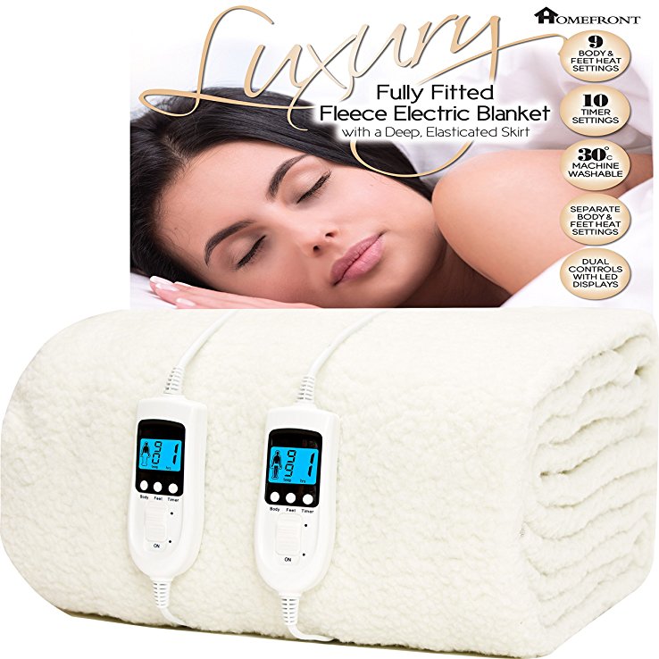 Homefront Electric Blanket Double Size Dual Control - 137x193 Centimetres - Premium Fleece Fully Fitted Heated Mattress Cover / Underblanket with Elasticated Skirt - Built In Advanced Overheat Protection System with Auto Safety Shut Off - Individual Body and Foot Heat Technology - Fast Heat Up Time - Machine Washable and Safe For All Night Use