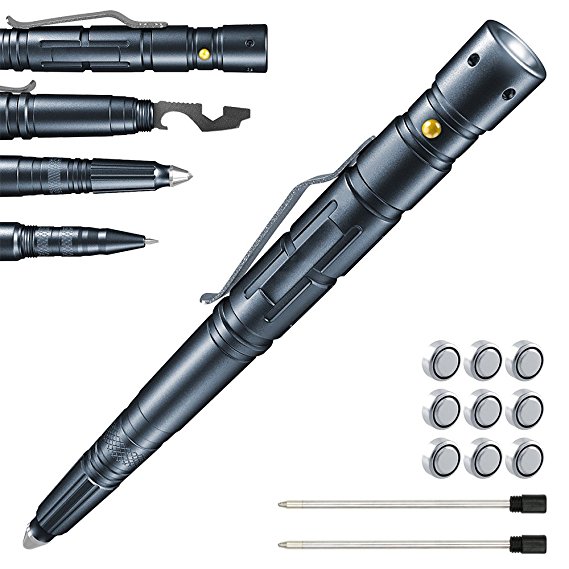 Tactical Pen LED Self Defense Tool – Survival pen  Tactical Flashlight, Ballpoint Pen   Multi Tool   Glass Breaker, Military Tactical Defense EDC Pen   2 Ink Cartridges  9 Batteries   Gift Box Grey
