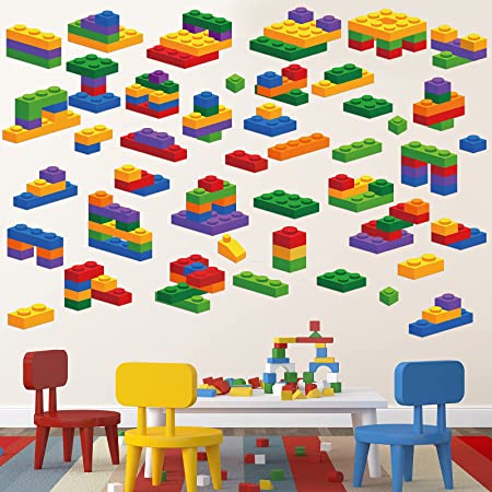 54 Pieces Building Blocks Wall Decals Kids Wall Stickers 5 Colors Bricks Wall Decal Peel and Stick Waterproof Brick Decals for Baby Boys Girls Nursery Bedroom Classroom Living Room Decorations