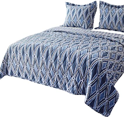 KASENTEX Quilt Set Bedspread with Chic Stylish Traditional Diamond Pattern Design, Microfiber Soft & Warm Bedding with Shams(Traditional Blue, King Size 104x90in   2 Shams 36x20in)