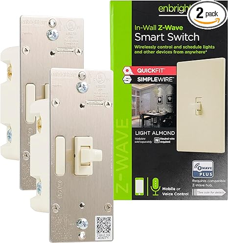 Enbrighten Almond Z-Wave Plus Smart Light Switch with QuickFit and SimpleWire, 3-Way Ready, Compatible with Alexa, Google Assistant, ZWave Hub Required, Repeater/Range Extender, Toggle, 2 Pack, 81174