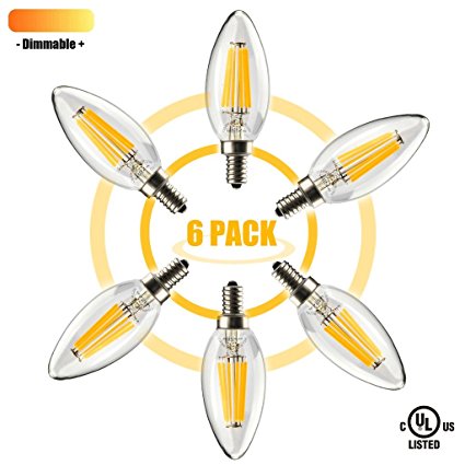 Leadleds 1206W Energy Saving Vintage Bulb with Candelabra Base, Blunt Tip B11 Light Bulb 6W E12 Base 2700K Dimmable, Equivalent to 60W Incandescent Chandelier Bulb, 6-Pack