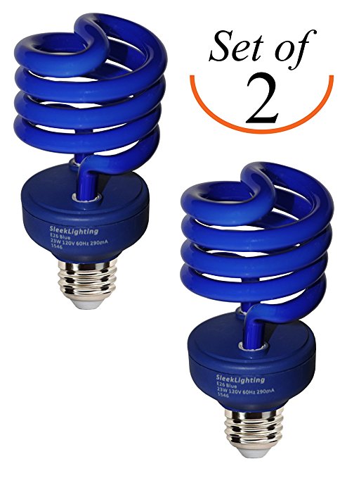 SleekLighting 23 Watt T2 BLUE Light Spiral CFL Light Bulb, 120V, E26 Medium Base-Energy Saver (Pack of 2)