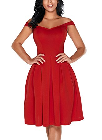 Dokotoo Women Off Shoulder Short Sleeve Swing Skater Midi Dresses