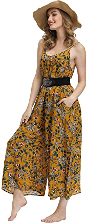 BUENOS NINOS Women's V Neck Floral Maxi Dress Boho Printed Adjustable Spaghetti Strap Ethnic Beach Long Dress with Pockets