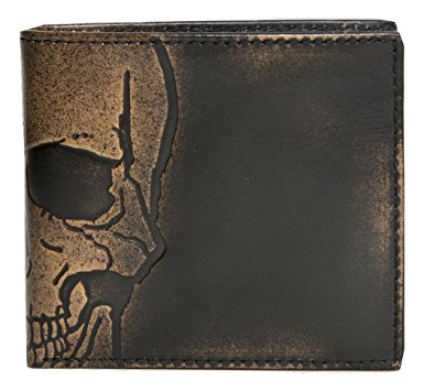 House of Jack Co. Embossed SKULL DOUBLE ID Bifold Men's Wallet - Multifunction Design - Hand Burnished Finish