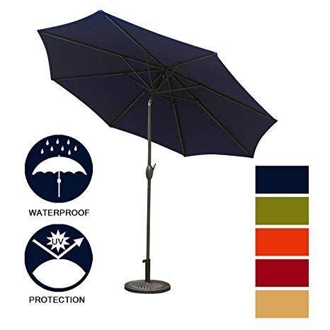 Aok Garden 9ft Antique Brown Finish Market Outdoor Umbrella W/Crank System and tilt Function with 220g PA Coating Sunshade Navy Blue