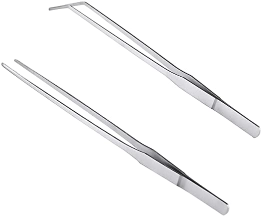 MMOBIEL 2 Pcs Stainless Steel Tweezers / Tong 27cm / 10.6 inch Extra Long Straight / Curved with Precision Serrated Tip for Aqua scaping, Garden Work, Cooking, Industrial Work, Laboratory Use.