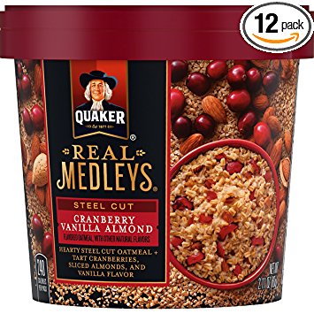 Quaker Real Medleys Instant Oatmeal, Steel Cut, Cranberry Vanilla Almond, Breakfast Cereal (12 Cups) (Packaging May Vary)