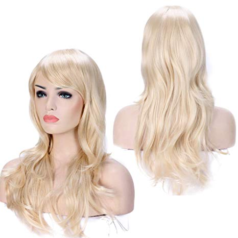 Anime Cosplay Synthetic Full Wig with Bangs for Women Girls 23'' Long Layered Wave Japanese Heat Resistant Fiber (linen blonde)