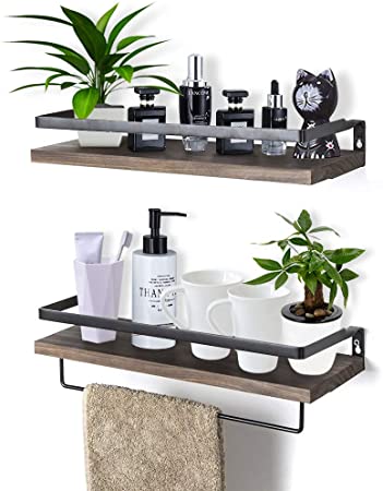 Rustic Floating Wall Shelves with Rails, 2 Sets Wood Wall Storage Shelves for Kitchen, Bedroom, Bathroom, Office, Perfect Home Decorative Storage with Detachable Towel Rack (Brown)