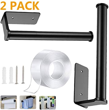 2 Pcs Paper Towel Holder Under Kitchen Cabinet &Wall Mount- Can be Self Adhesive and Screwed, 13.5in Self Adhesive Towel Paper Holder Roll Rack for Kitchen Bathroom Install Vertically or Horizontally