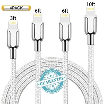 iPhone Cable 4Pack 3FT, 6FT, 6FT, 10FT, DANTENG Extra Long Charging Cord Nylon Braided 8 Pin to USB Lightning Charger for iPhone 7, SE, 5, 5s, 6, 6s, 6 Plus, iPad Air, Mini, iPod (SilverGrey)