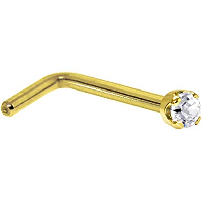 Body Candy 14k Yellow Gold 1.5mm Diamond (0.015 cttw) L-Shaped Nose Ring 20 Gauge