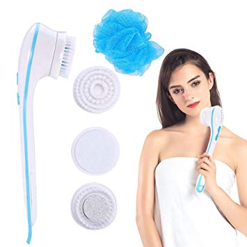 5 in 1 Electric Body Shower Cleansing Massager Brush, Long Handle Bathroom Bath Spa Massage Exfoliator Tool with 5 Replacement Brush Heads