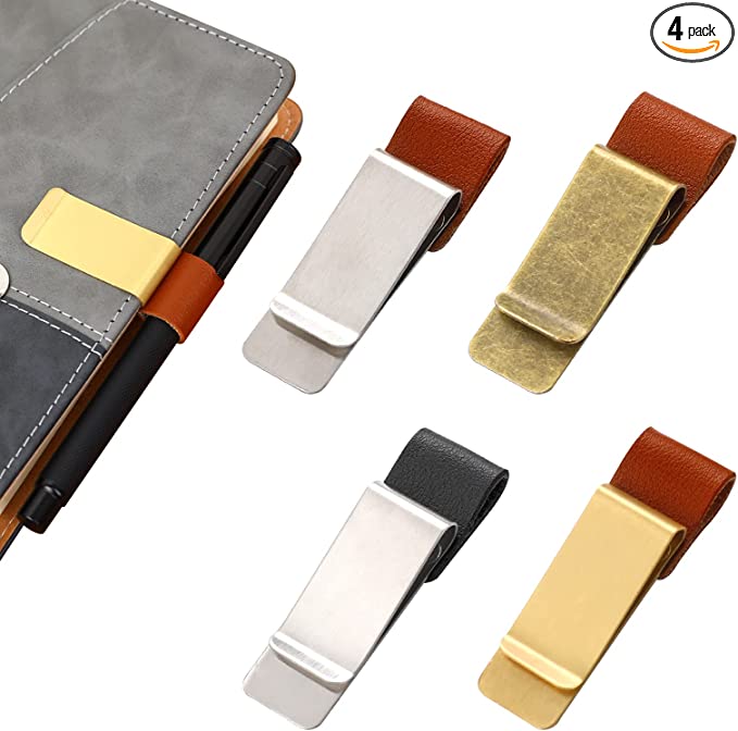 4 Pcs Pen Holder for Notebook,Pen Clip for Notebook Retro Style Pen Loop Holder Bookmark Pen Holder Clip PU Leather Pen Holder Pen Sleeve with Stainless Steel Clip for Journal, Planner, Notebook