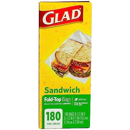 Glad Fold Top Sandwich Bags, 6-1/2 x 5-1/2, Clear, 180/Box