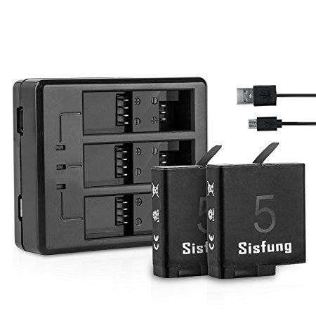 Sisfung Hero 5 Battery(2 Pieces) + 3 Channel Charger(1 Piece) Kit for Gopro Hero 5(Gopro Hero 5 Black) -100% Compatible with Original.