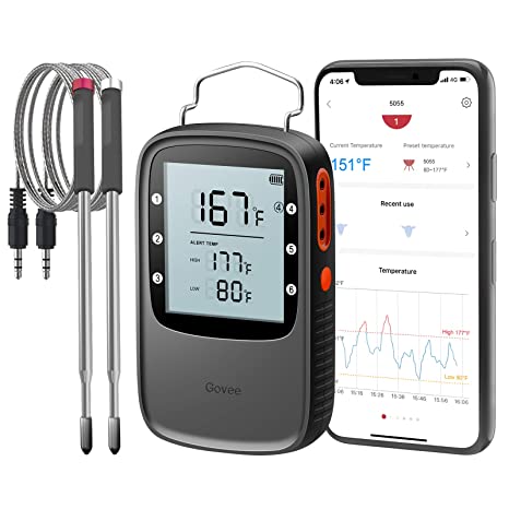 Govee Bluetooth Meat Thermometer, Smart Grill Thermometer, 230ft Remote Monitor, Large Backlite Screen, Alarm Notification for Smoker BBQ Oven Kitchen Candy