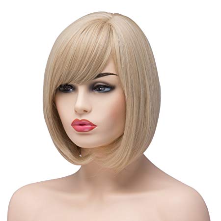 BESTUNG Short Bob Straight Synthetic Blonde Highlight Wigs for Women